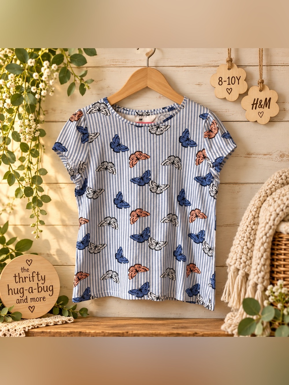 H&M Girls Butterfly Stripe T-Shirt | Size 8–10Y 🦋💙